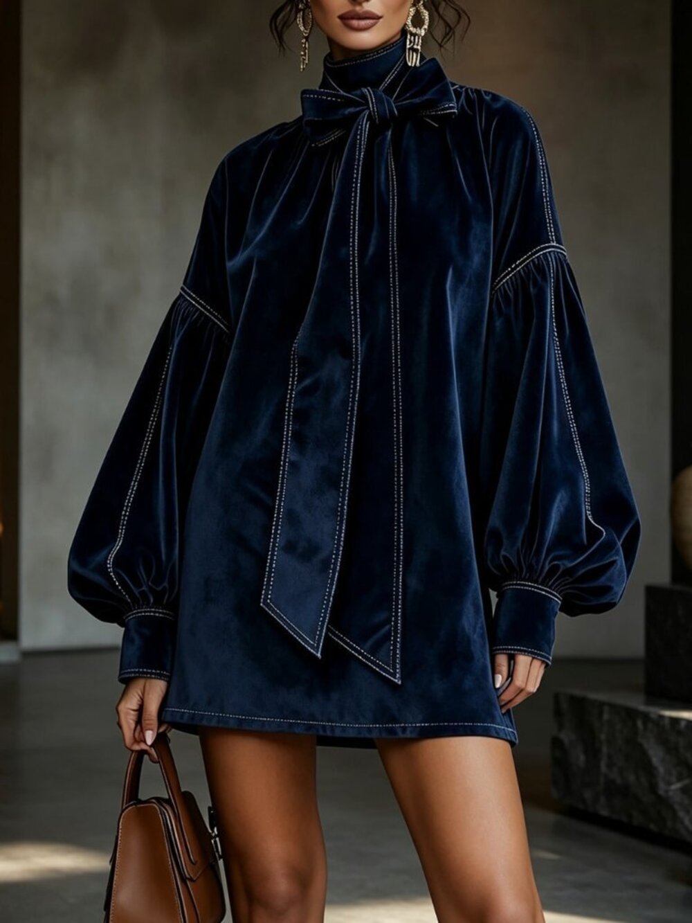 Navy Casual Elegant Sexy Women's Long Velvet Mini Dress